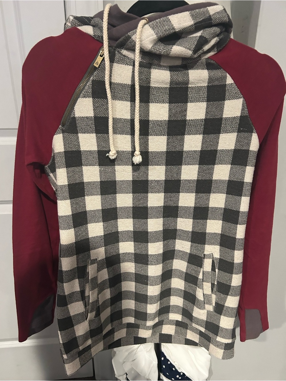 Women’s Burgundy Raglan Hoodie with Black & White Buffalo Check